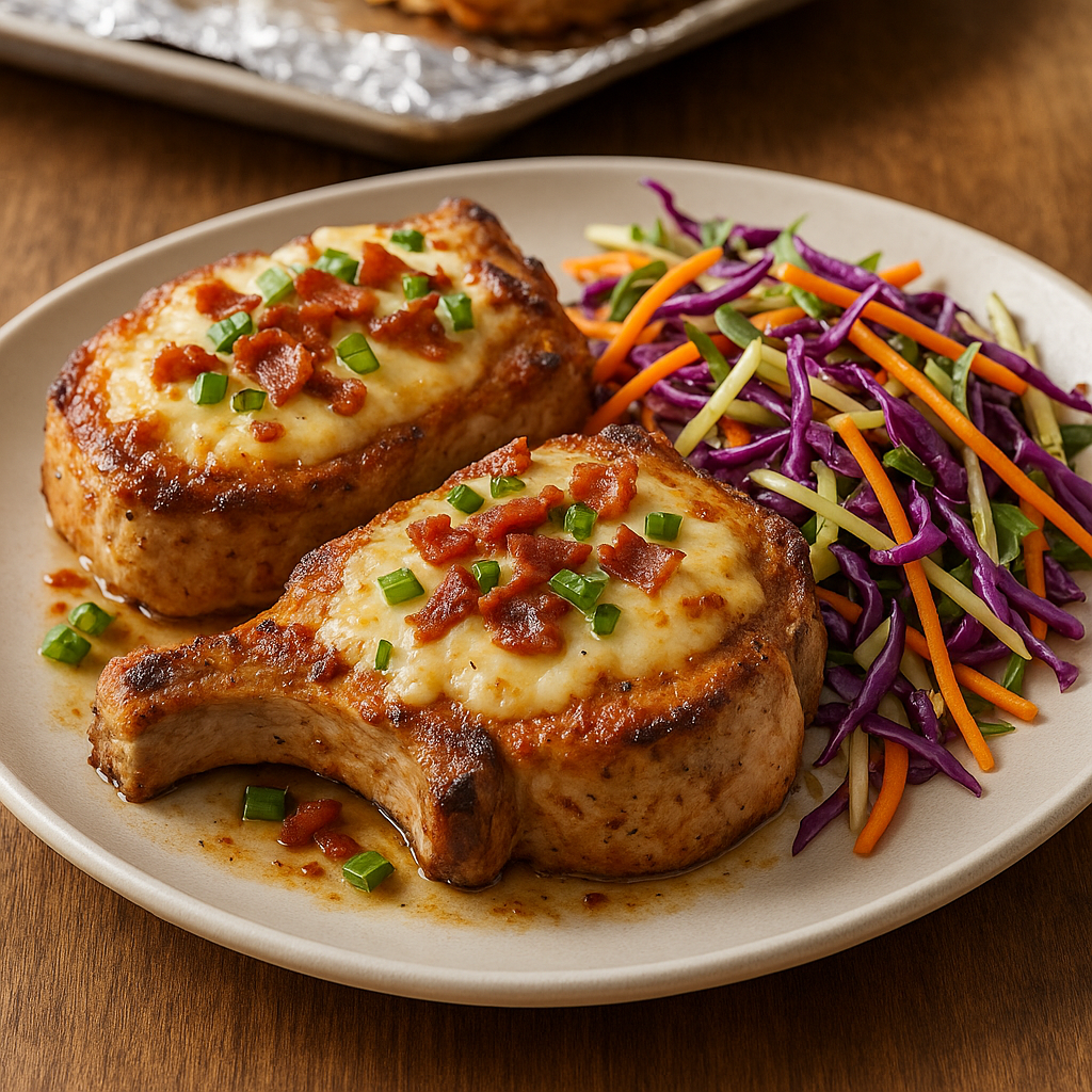 smoky bacon pork chops & rainbow slaw